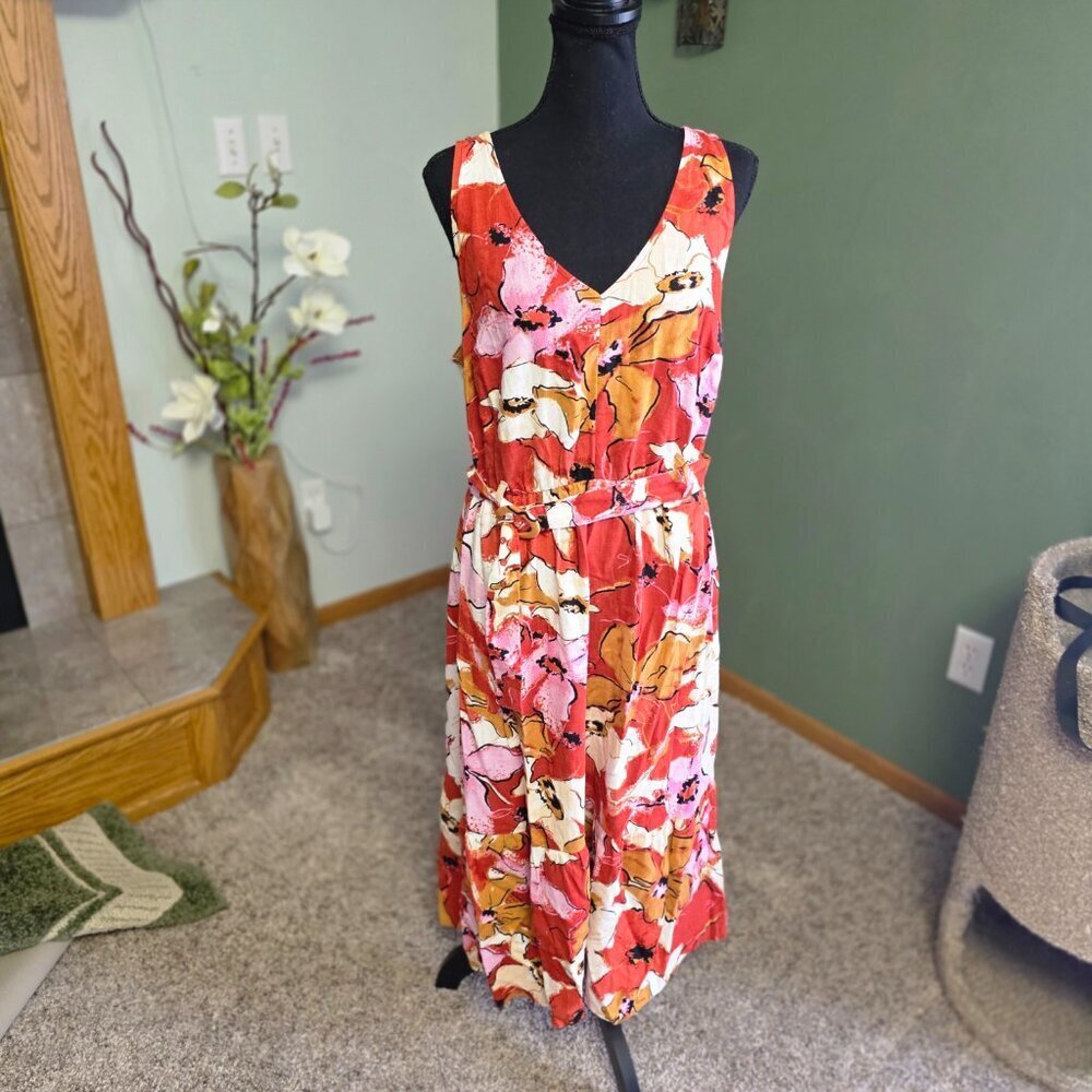 Nine West Dress Womens L Floral Linen V-Neck Sleeveless Boho Tiered